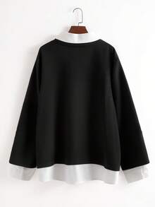 SHEIN PETITE CURVE Plus 2 In 1 Contrast Collar Sweatshirt Graduation,Back To School Outfits,Graduation,Teacher Outfits For Women,Back To School Winter Fall Autumn - Black - View 2