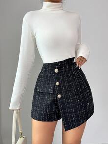 SHEIN Elenzya Elegant Tweed Asymmetrical Button Decor Women Shorts - Black - View 3
