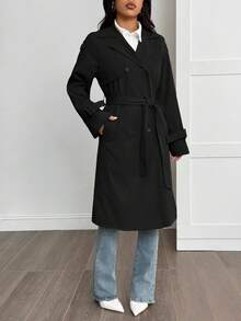 SHEIN PETITE 女士休闲日常通勤简约纯色保暖风衣，秋冬款 - 黑色 - 查看 7