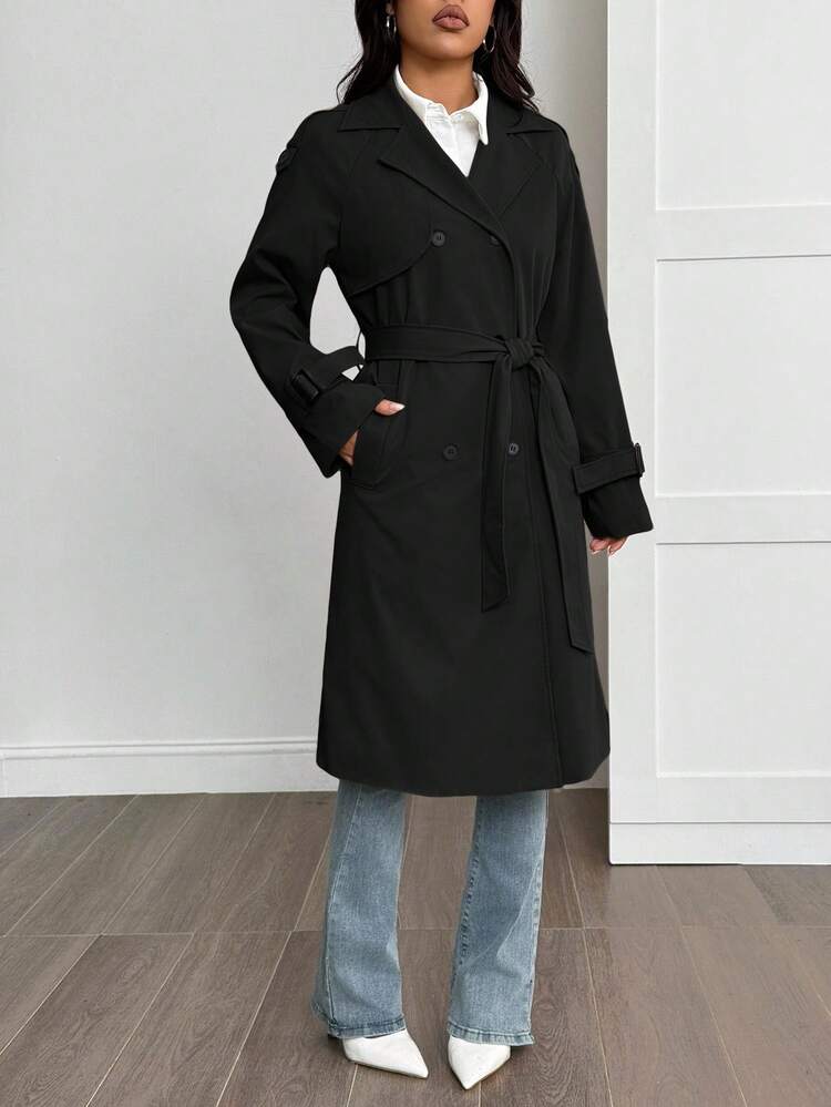 SHEIN PETITE 女士休闲日常通勤简约纯色保暖风衣，秋冬款 - 黑色 - 查看 7