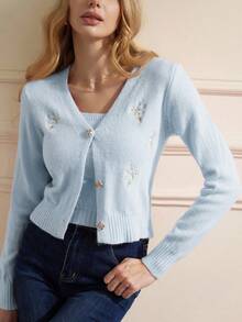 Aveloria Rosie 两件套V领刺绣开衫针织上衣套装，休闲秋季款 - 淺藍色 - 查看 3