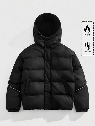 Street Life معطف كاجوال مبطن دافئ متعدد الاستخدامات ذو قبعة مخطط للرجال، أسود، شتوي