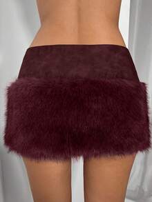 TRNVIE 1件棕色冬季假日仿毛皮拼接扎染PU拉链修身低腰复古性感女式迷你裙 - 酒紅色 - 查看 2
