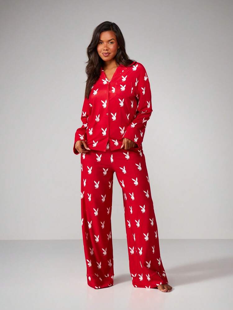 Missguided x Playboy Christmas Long Sleeve Bunny Print Pajama Set With Button Front