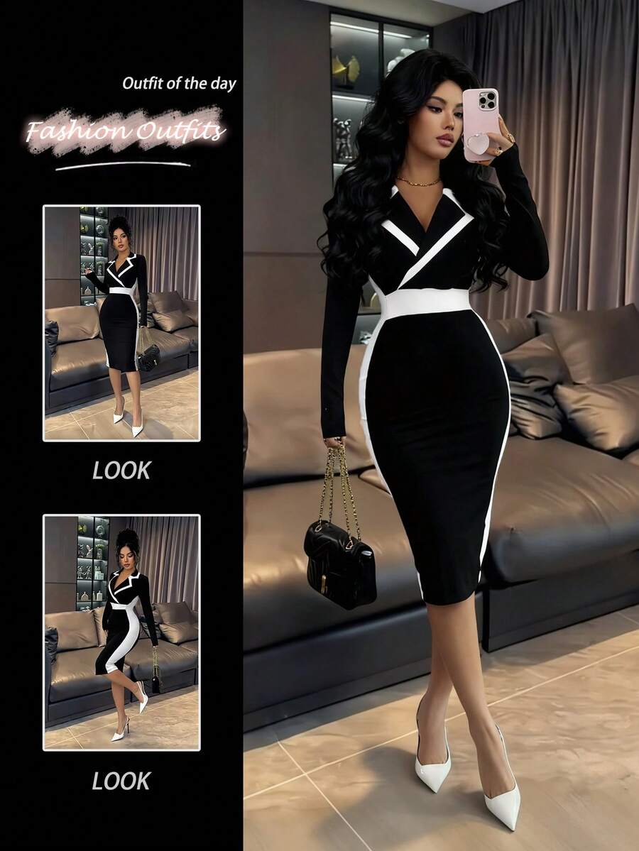 SHEIN PETITE Váy đen ngắn tay dài ôm sát cổ áo blazer màu tương phản thanh lịch dành cho nữ, Váy thu/đông dành cho nữ, Váy dự tiệc thanh lịch, Váy đen ngắn, Trang phục Giáng sinh dành cho nữ, Váy dự tiệc - màu đen - Xem 1
