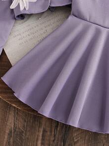 SHEIN فستان قصير بدون أكمام مع جاكيت قصير مزين بأزرار 3D على شكل زهرة، أنيق وأنثوي وجذاب للفتيات الصغيرات - ارجواني فاتح - مشاهدة 6