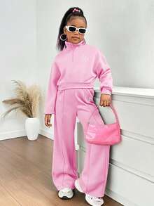 SHEIN 2pcs Tween Girl Embroidered Letter Half Zip Placket Sweatshirt And Pants Set, Fashion - Baby Pink - View 5