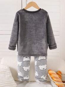 一套男婴秋冬睡衣，灰色抓绒套头衫搭配小熊印花抓绒裤，柔软舒适的家居服 - 灰色 - 查看 2