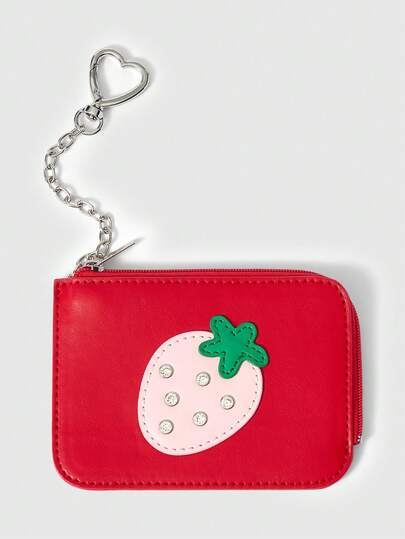 ROMWE Kawaii Cute Cartoon Strawberry Card Holder Wallet, PU Leather Heart Shaped Lanyard Mini Card Case