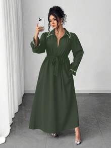 Elenzga Vestido elegante de talla grande con decoración de perlas y rhinestones para uso diario - Verde militar - Ver 5