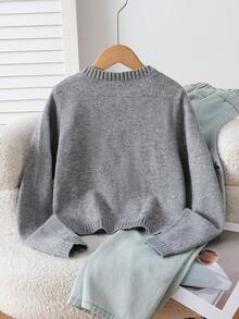 SHEIN Explorewe 女童时尚手工蝴蝶结针织开衫，长袖 - 淺灰色 - 查看 3