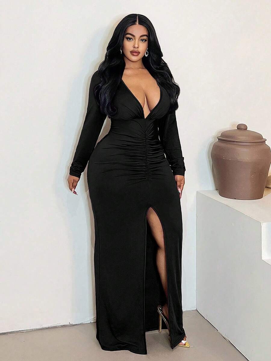 Maweii Plus-Size Women's Sexy Deep V-Neck Hem Slit New Year Party Dress - Black - View 1