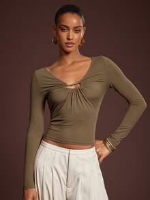 L'Amorae Women's Long Sleeve Top With Metal Decor Button - Green - View 4