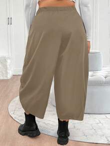Elenzga 大码女式法式纯色弹力腰带口袋哈伦裤胡萝卜香蕉镰刀腿宽松休闲裤 - 駝色 - 查看 2