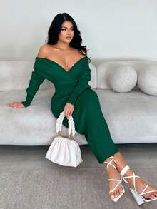 SHEIN SXY 女士性感优雅白色 V 领露肩长袖修身毛衣裙，适合日常穿着、办公室、约会、休闲、派对、感恩节、圣诞节白色中长裙白色长袖连衣裙白色紧身连衣裙罗纹中长裙秋冬 - 墨綠色 - 查看 3