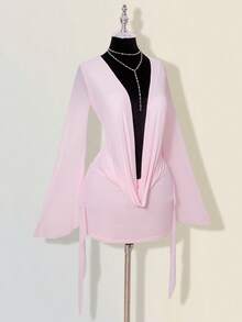 SHEIN ICON Sexy Oversized Cowl Neck Mesh Patchwork Backless Mini Dress - Pink - View 7