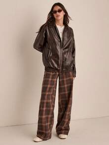 Easelle 秋冬女士咖啡色编织皮夹克 - 棕色 - 查看 5