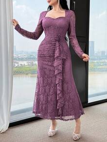 Feyla New Lace Waist Ruffle Floral Cinched Waist Elegant High-End Party Dress - Dusty Purple - View 4