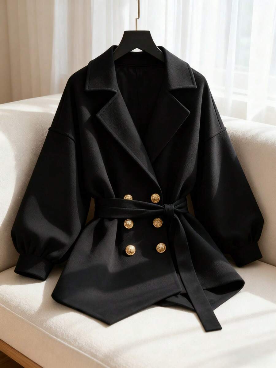 Franclia Blazer negro de doble botonadura con cinturón, silueta casual adelgazante, chaqueta versátil para ir al trabajo y uso diario - Negro - Ver 1