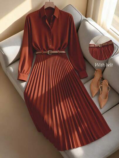 Franclia Casual Commute Versatile Solid Color Long Sleeve Shirt Paired With Women's A-Line Skirt, Pleated Skirt, Maxi Skirt, Comes With Belt, Spring/Autumn, Khaki Women's Suit, Women's 2-Piece Set, Women's Dress, Autumn/Spring Clothing, Women's Casual Wear, Women's Teacher Uniform