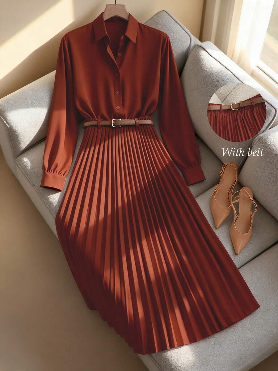 Franclia 休闲通勤百搭纯色长袖衬衫，搭配A字裙、百褶裙、长裙，配有腰带，春秋季卡其色女装套装，女式两件套，女式连衣裙，春秋服装，女式休闲装，女式教师制服 - 紅木色 - 查看 1