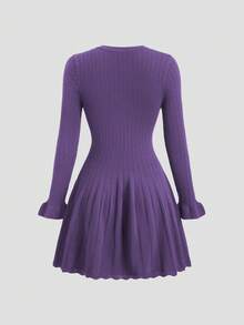 Lyxana Early Autumn French Carnival Commuting Hollow Out Vintage Ruffle Hem Elegant Long Sleeve Short Knit Dress - Violet Purple - View 2