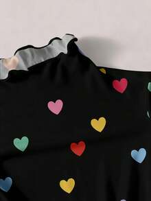 SHEIN EZwear Lässiges, süßes, bunter Herz-Muster Rüschen-Manschette & Kragen Schwarz Damen Große Größen T-Shirt, Herbst/Winter