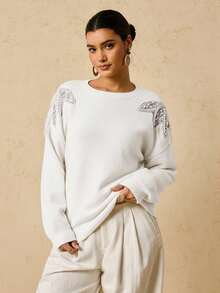 Travachic Plus Size Fashionable Women's Beaded Pullover Sweater In Fall/Winter - White - View 1
