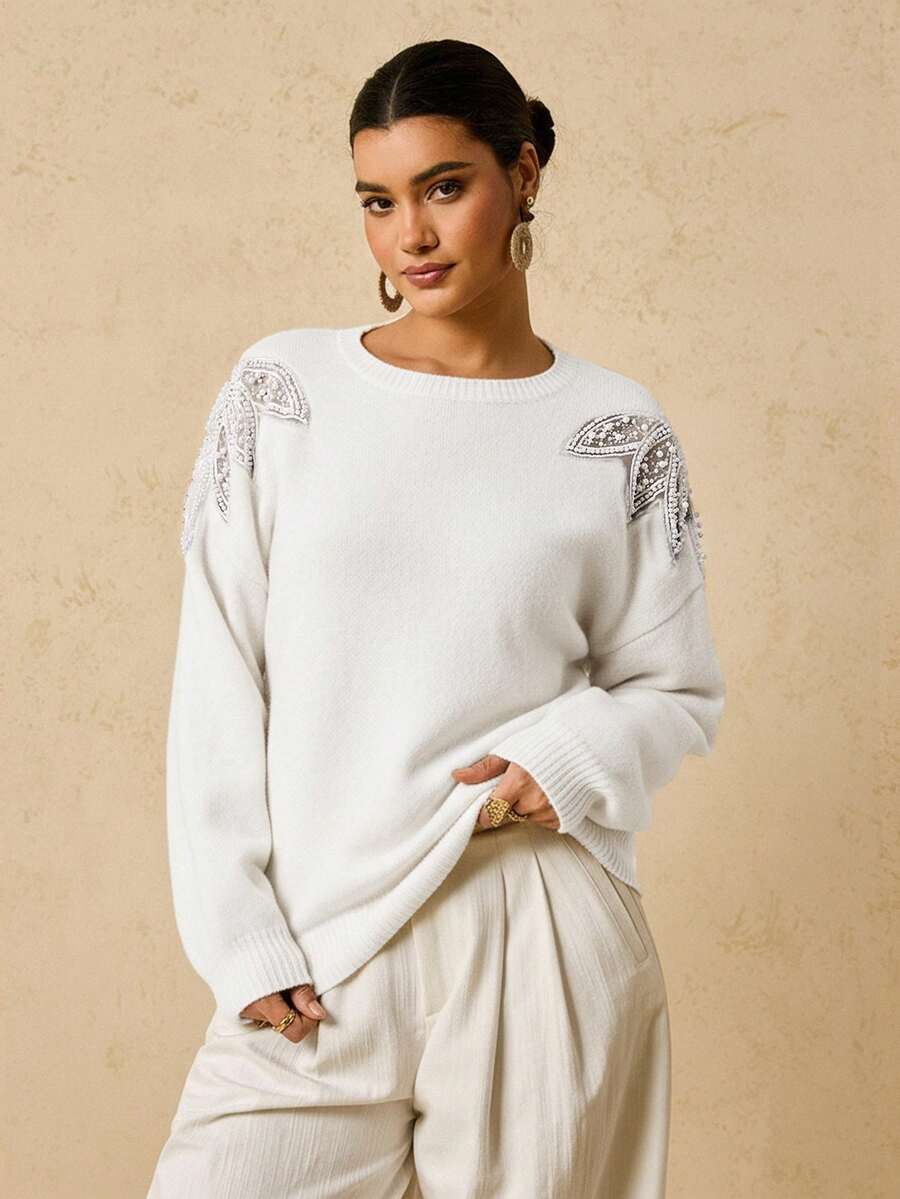 Travachic Plus Size Fashionable Women's Beaded Pullover Sweater In Fall/Winter - White - View 1