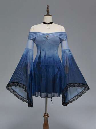 EDITION Abito in rete con maniche a sbuffo e stampa sagoma di croce del castello gotico scuro, adatto per Ognissanti