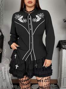 Whyspr 大码修身长袖衬衫，蝙蝠和蜘蛛网撞色印花 - 黑與白 - 查看 1