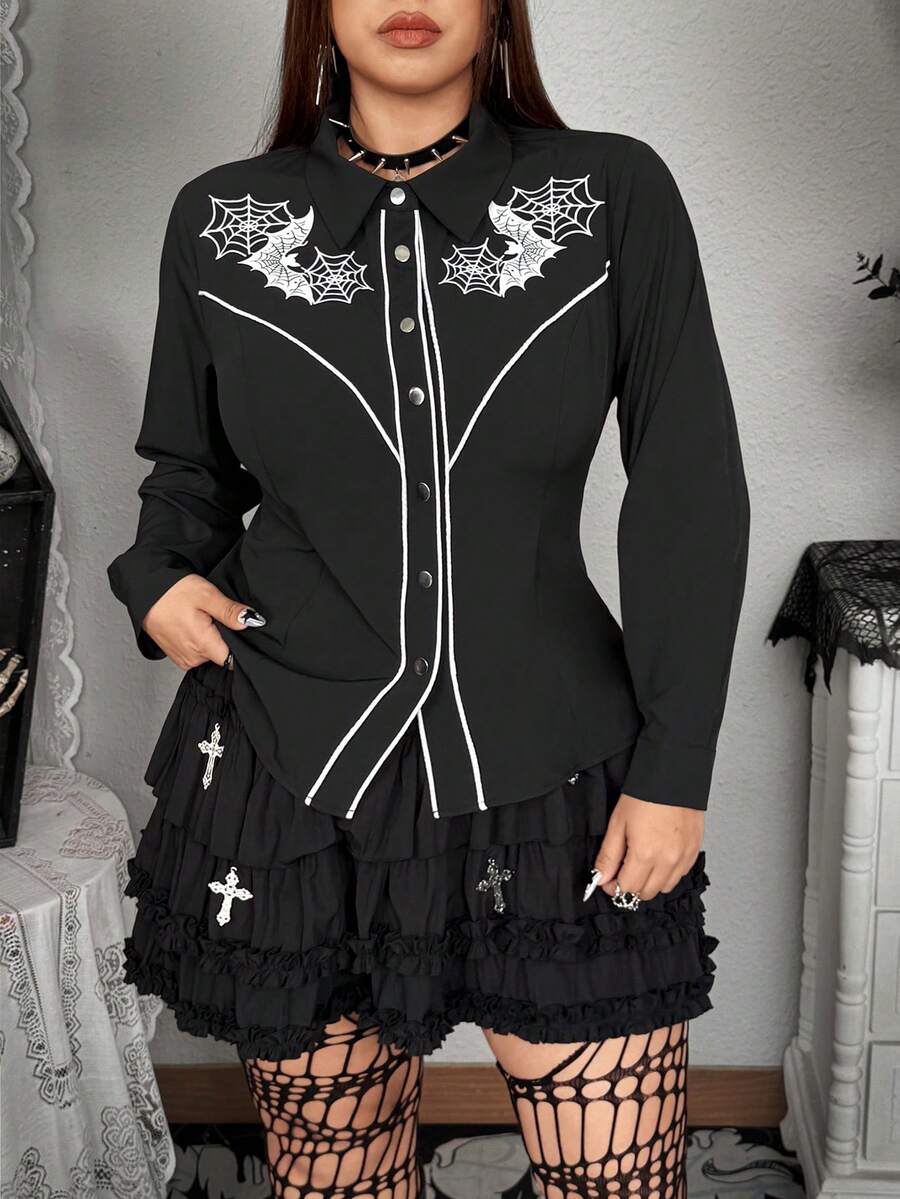 Whyspr 大码修身长袖衬衫，蝙蝠和蜘蛛网撞色印花 - 黑與白 - 查看 1