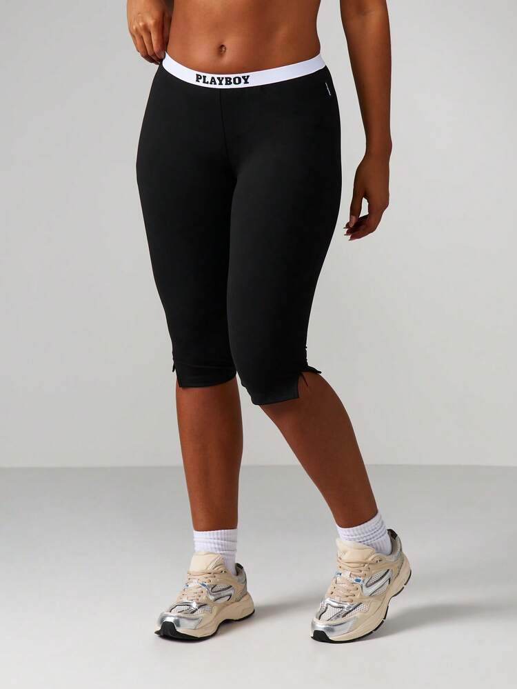 Missguided x Playboy High Rise Capri Leggings With Branded Waistband For Active Lifestyle