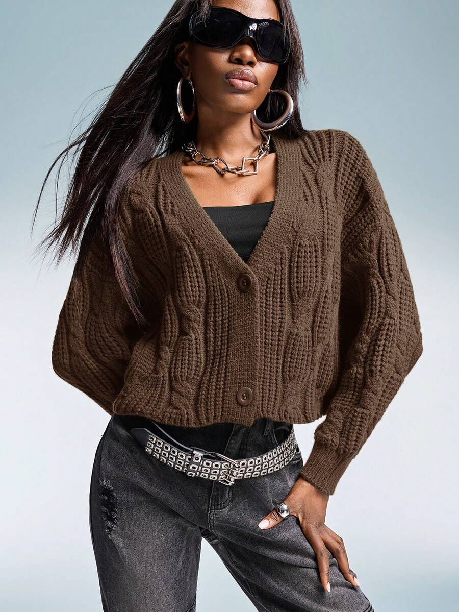 Aveloria GENKIRA Cable Knit Drop Shoulder Cardigan Oversized Sweater - Coffee Brown - View 1