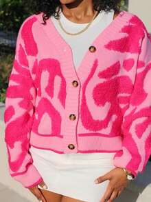 Steph T Casual Colorblock Pattern Raglan Cardigan, Suitable For Autumn/Winter, Holidays, New Year, Valentine's Day,Knitted Sweater - Pink - View 6