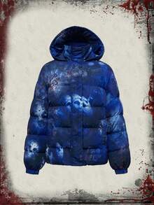 Friday the 13th X ROMWE Horror Movie Skeleton Mask Print Zip-Up Regular Fit Women Hooded Jacket, Autumn/Winter - Blue - View 1