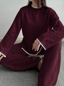 Sunnyshic 2 st set med långärmad tröja och byxor i kontrastfärgad färg för kvinnor - Bourgogne - Visa 4