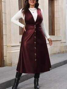 Vionelle 加码纽扣前开襟PU皮连衣裙，不含T恤，适合冬季女士穿着的及地长裙 - 酒紅色 - 查看 3