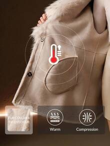 Anewsta 女士优雅仿皮草领收腰时尚仿皮草外套 - 杏色 - 查看 11