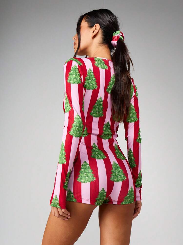MISSGUIDED Long Sleeve Christmas Tree Striped Romper For Holiday Parties Deep V Neck Festive Winter Playsuit