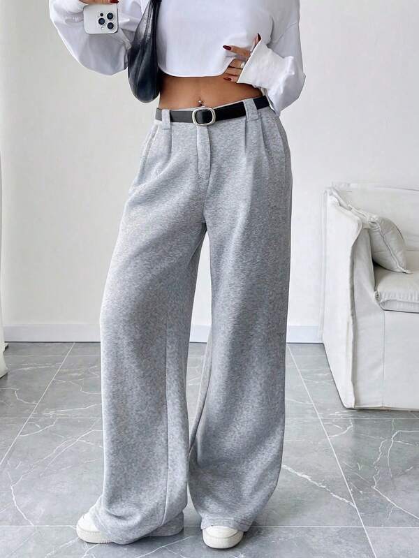 SHEIN PETITE Plissierte Tasche, gerade geschnittene, weite Hose, Lässig & vielseitig, Petite Länge