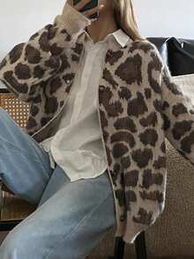 DAZY 复古单排扣豹纹开衫毛衣，冬季新品 - 杏色 - 查看 6