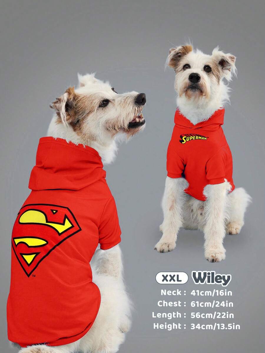 SUPERMAN X SHEIN 1 件徽标印花宠物连帽运动衫，适用于猫、狗，尺码 XXS-XXXXL、特小号、特大号 - 紅色 - 查看 1