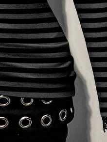 Attitoon 女式休闲复古深 V 领蕾丝边修身长袖 T 恤，适合秋冬季，黑色和灰色条纹印花，适合 Y2K、复古、垃圾摇滚 - 彩色 - 查看 5