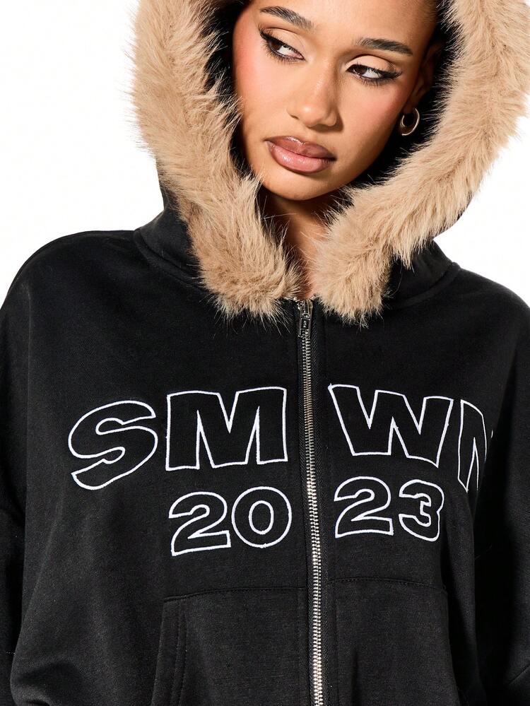 SUMWON WOMEN Oversize-Kapuzenpullover mit Reißverschluss und Kunstfellkapuze