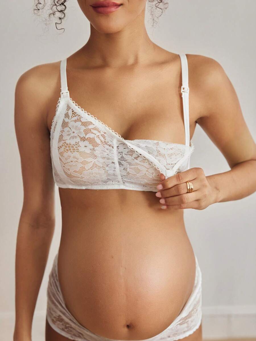 Moonlight&Mama Áo ngực cho con bú BloomMama ren chắp vá màu trơn có nút bấm, áo ngực bà bầu không dây gợi cảm, 1 chiếc - trắng - Xem 1