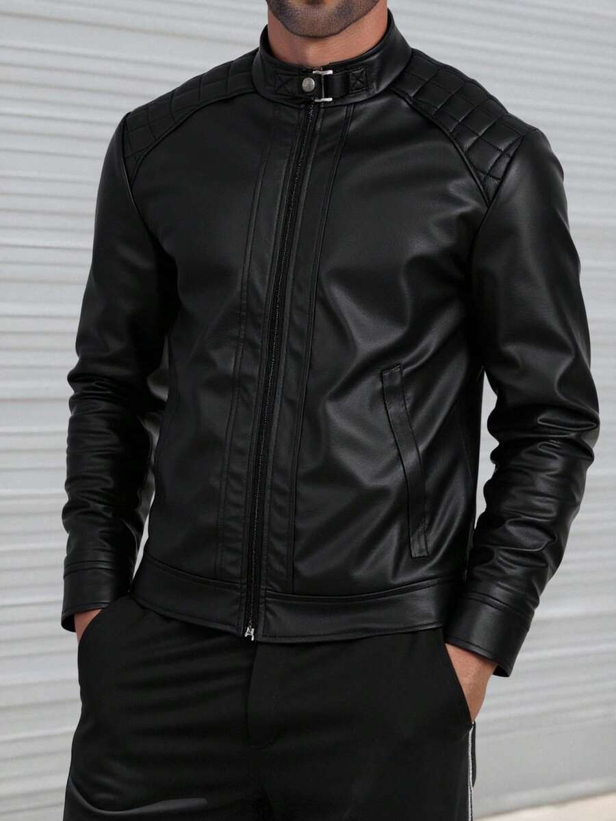 Manfinity NXTstreet Herren Einfarbige Langarm Reißverschluss Kragen PU Leder vielseitige bequeme Lässig Jacke - Schwarz - Übersicht 1