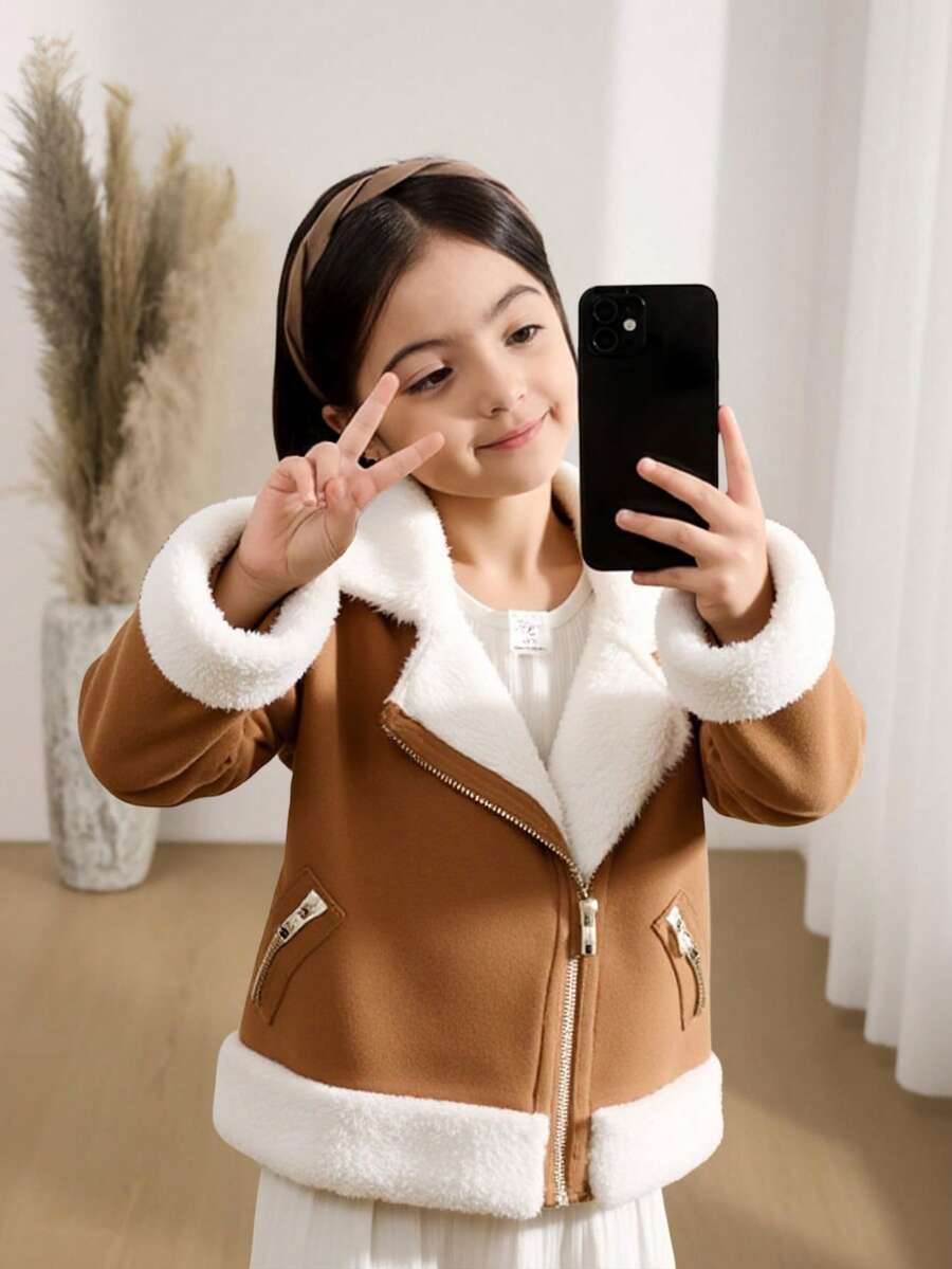 SHEIN Kurtka dla młodej dziewczyny, swobodna, z grubego, zamszowego materiału z podszewką termiczną i kołnierzem typu "turndown", modna, uniwersalna na codzienne wyjścia, pasująca do różnych swetrów, koszulek i spodni, na jesień/zimę