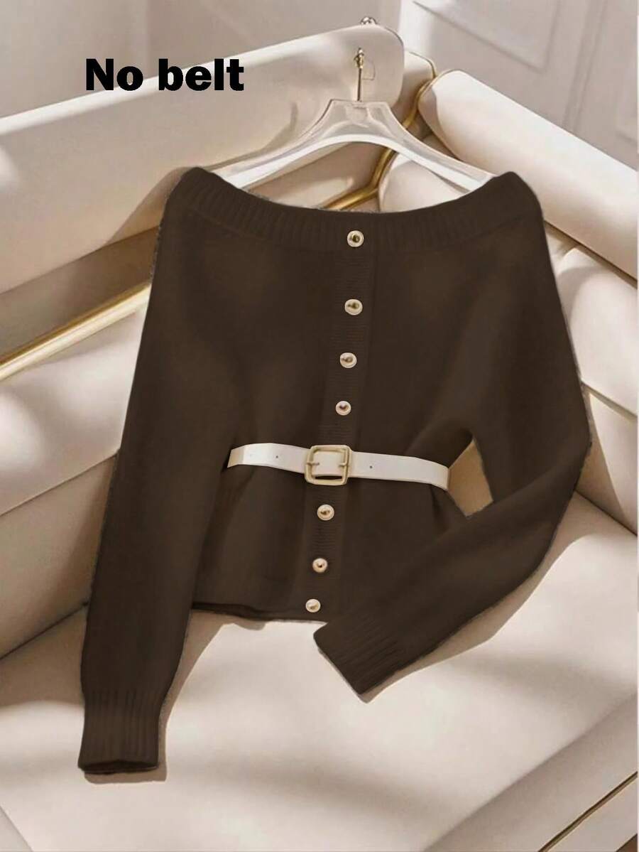 Franclia Women's New Autumn/Winter Off Shoulder Unique Sexy Luxurious High-End Pullover Sweater (Waist Belt Not Included) - Coffee Brown - View 1