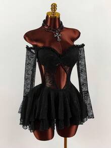 Amplova 女士纯色蕾丝拼接透视露肩性感长袖迷你连衣裙 - 黑色 - 查看 1